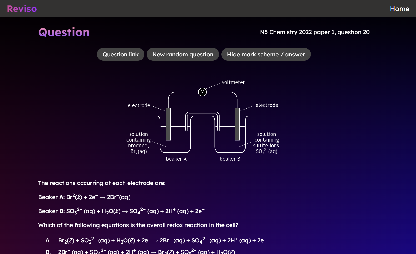 The Reviso website, showing N5 Chemistry 2022 paper 1, question 20, alongside a diagram for the question